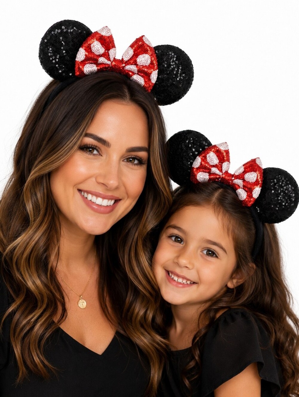 🍎New Polka Dot Print Bow Black Sequin Mickey Minnie Mouse Ears Headband Disney